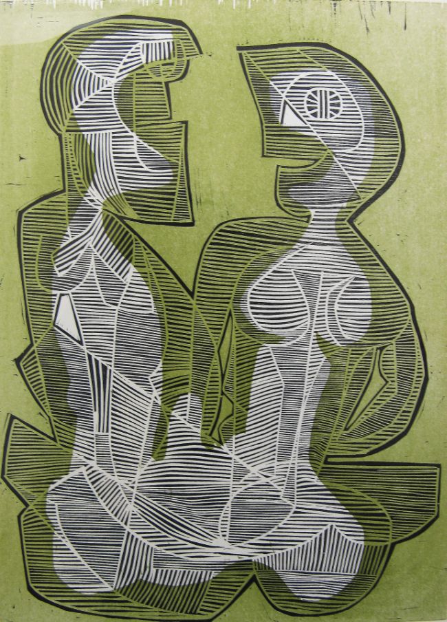 Click the image for a view of: Cecil Skotnes. Untitled (two figures). 1972. Woodcut. 55/55. 645X485mm